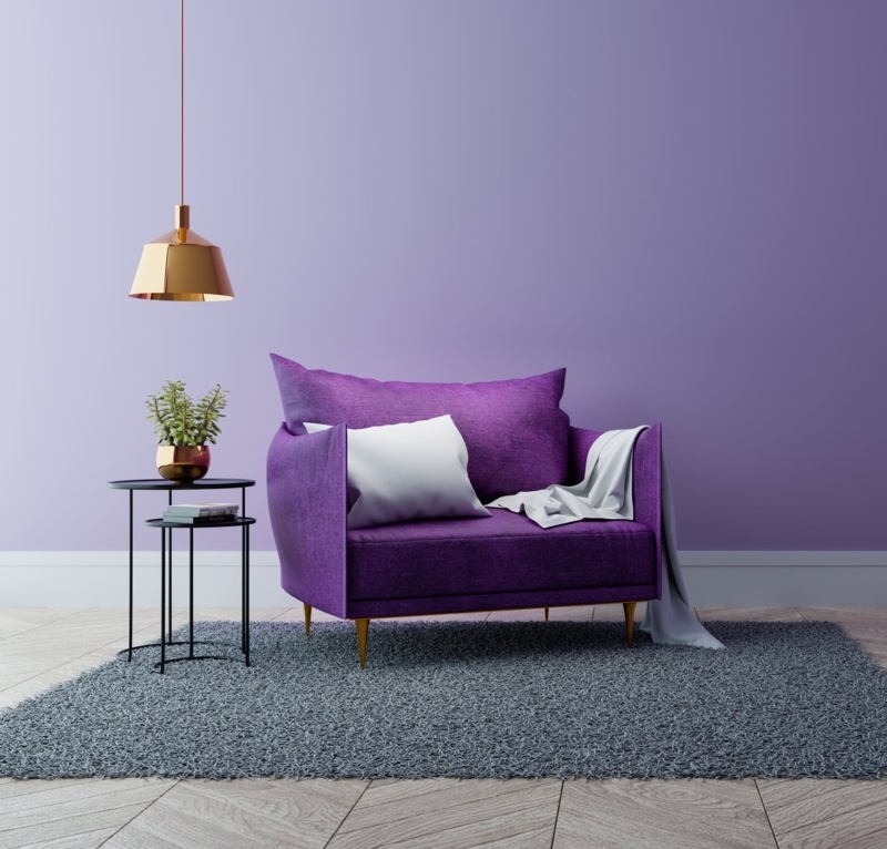 Loveseat Tapered Gold Legs Herringbone Wood Floor Vibrant Purple Glam