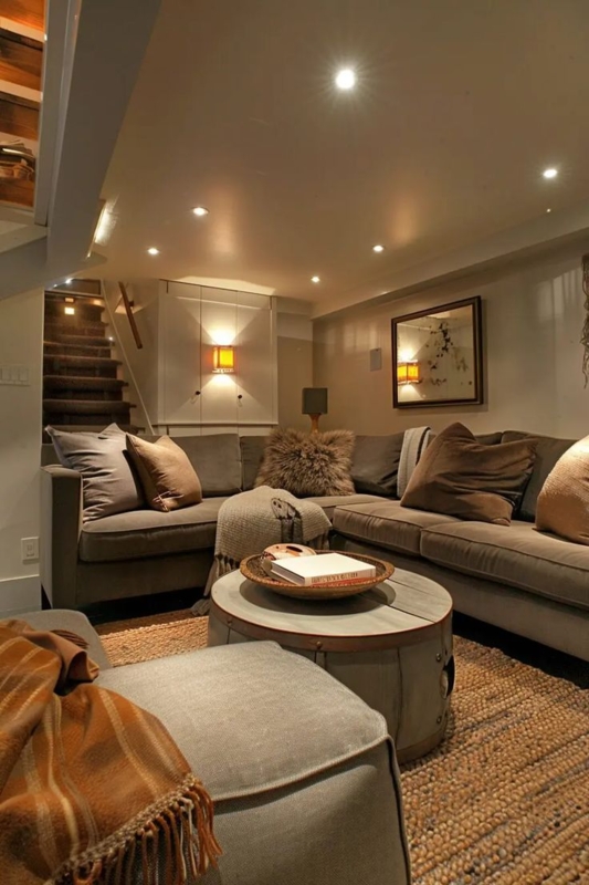 Low Ceiling Basement Lounge with Layered Lighting and Textured Decor