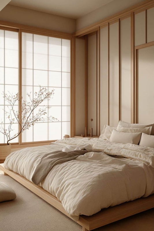 Low Platform Bed Styling with Shoji Window Screens