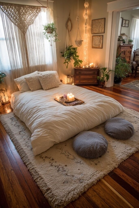 Low Profile Bed, Floor Bed Styling, Macrame Window Treatment, Plush Rug