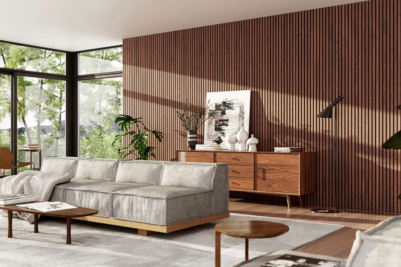 Low Profile Modular Sectional Sofa against Vertical Wood Slat Wall