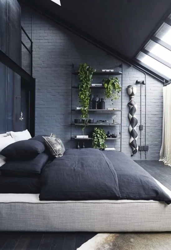Low Profile Platform Bed against Painted Grey Brick Wall