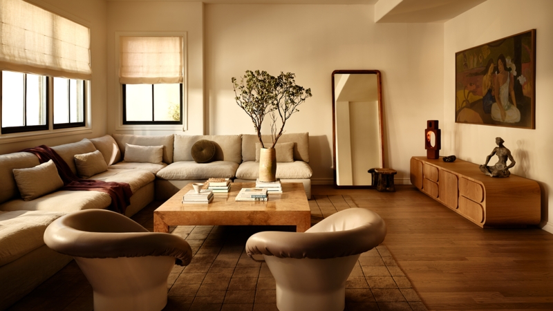 Low-Profile Sectional and Sculptural Accent Chairs in Beige Lounge