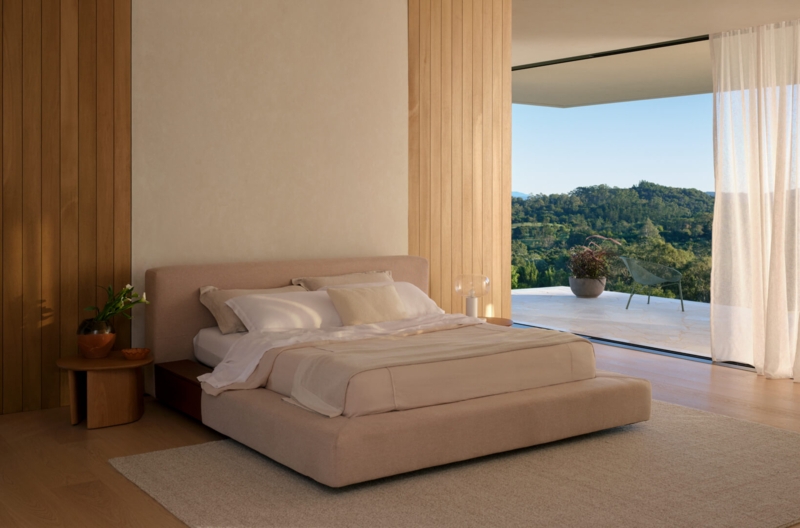 Low-Profile Upholstered Bed with Wide Platform and Wood Slat Wall