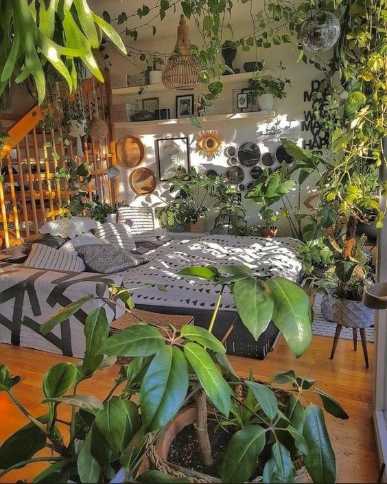 Lush Indoor Garden Bedroom Ideas with Woven Pendant Light and Plants