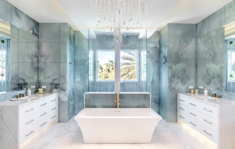 Luxurious Bathroom Design with Icy-Blue Stone Walls