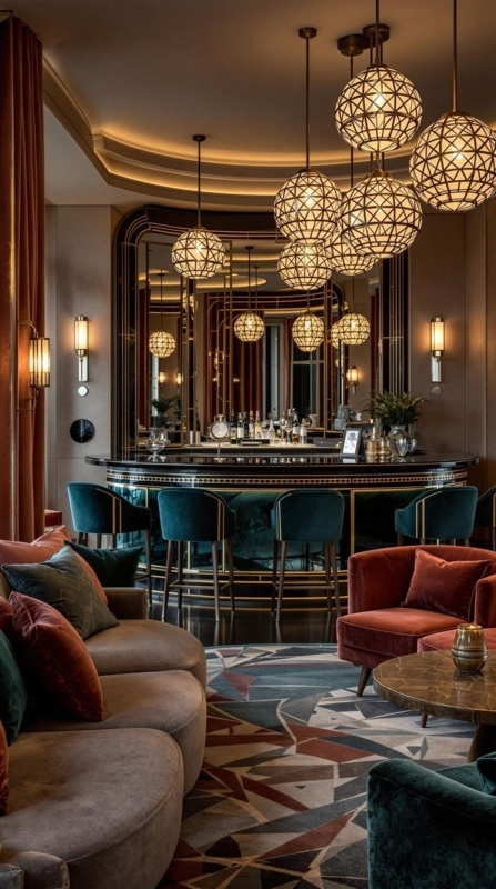 Luxury Art Deco Bar Design: Geometric Lattice Pendants & Teal Seating