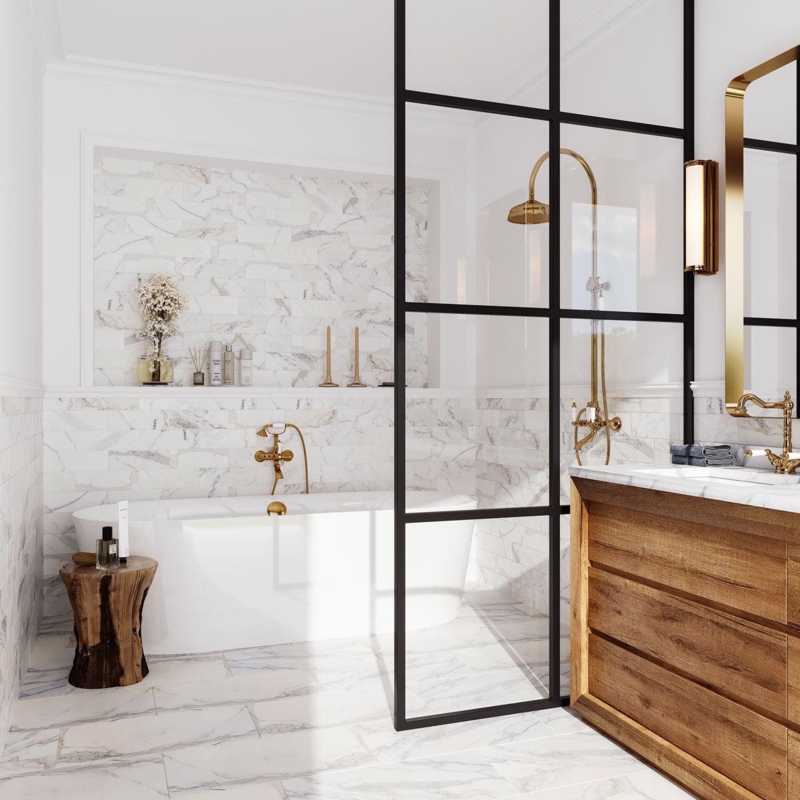 Luxury Bathroom All Over Marble Tile Freestanding Tub