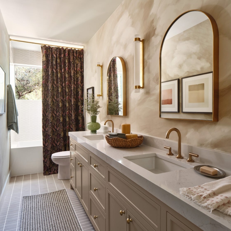 Luxury Bathroom Arched Gold Mirrors Taupe Double Vanity