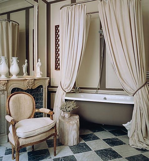 Luxury Bathroom Decor with Fireplace and Draped Fabric Curtains