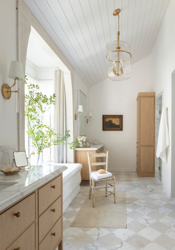Luxury Bathroom With Checkered Marble Floor And Vaulted Beadboard Ceiling