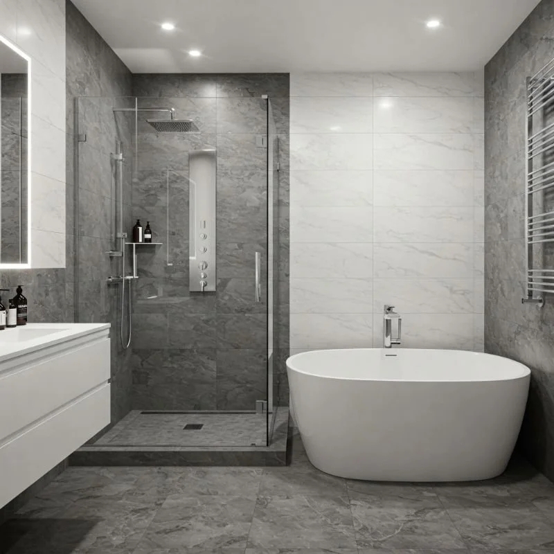 Luxury Bathroom with Large Format Stone Tile, Freestanding Tub, and Shower