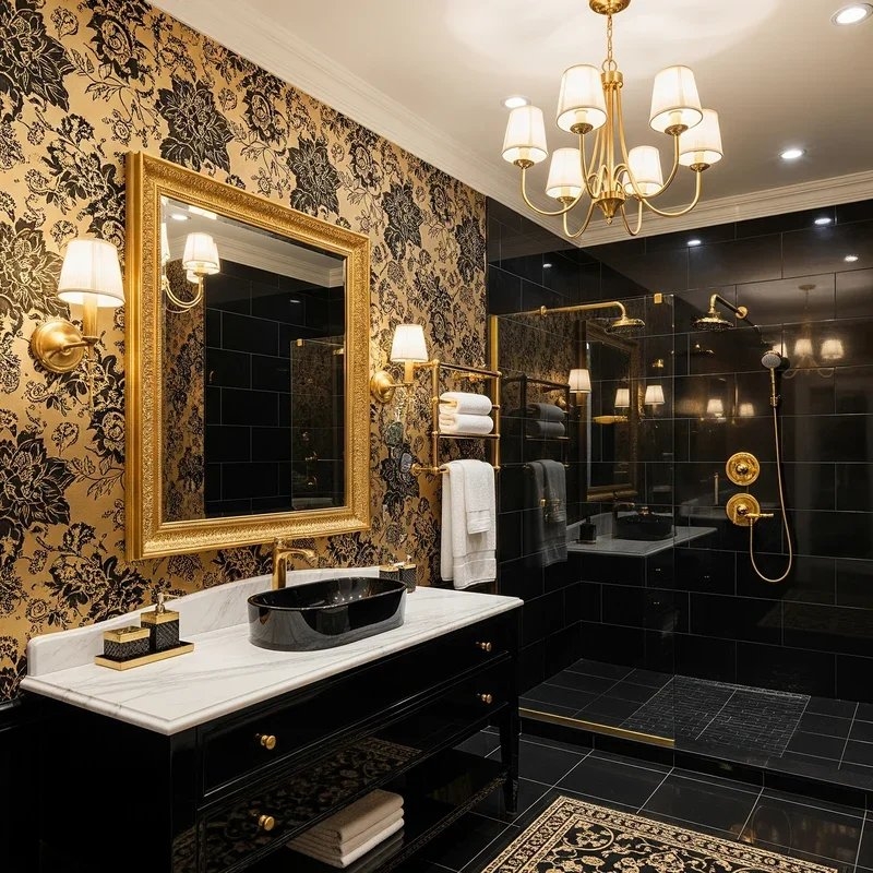 Luxury Bathroom with Metallic Floral Wallpaper and Glossy Dark Tiles
