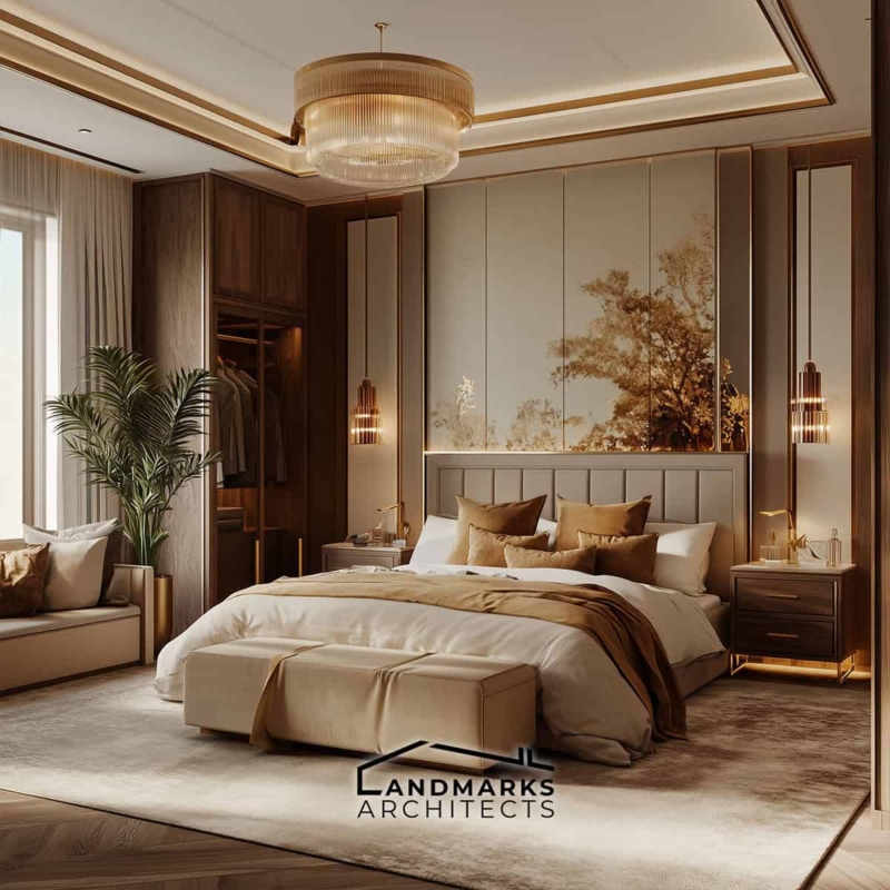 Luxury Bedroom with Wood Paneling and Gold Botanical Mural behind Bed