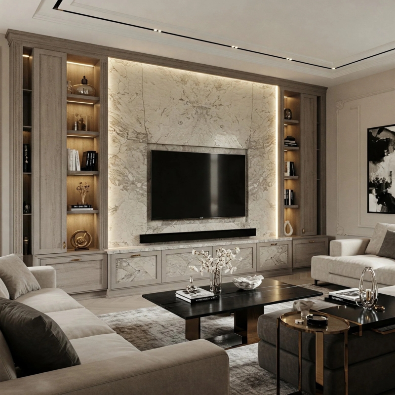 Luxury Built-in TV Wall with Marble Accent Panel & Lit Shelving