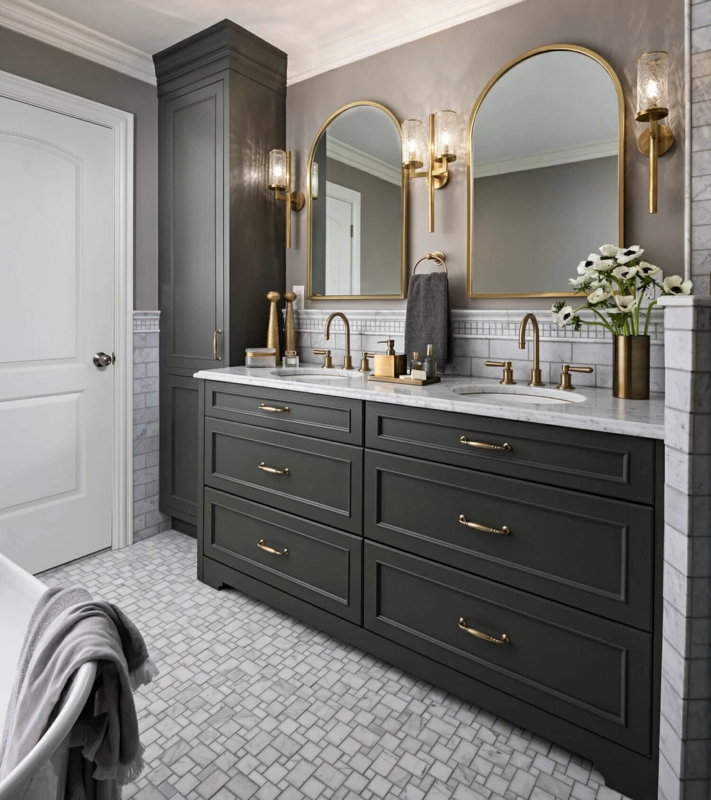 Luxury Charcoal Double Vanity with Arched Gold Mirrors