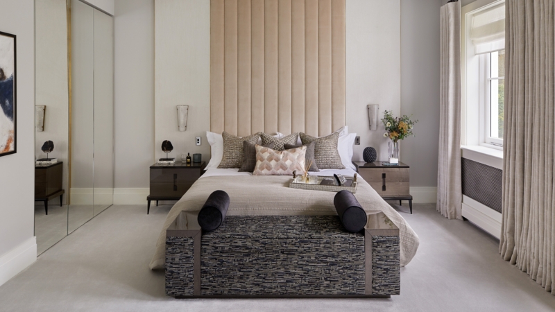 Luxury Contemporary Bedroom with Channel Tufted Wall and Textured Bench
