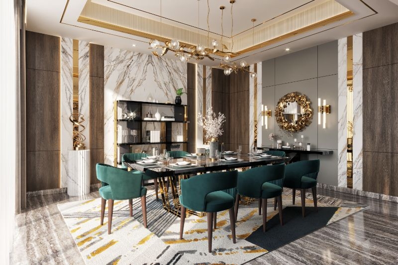 Luxury Dining Room with Geometric Rug and Emerald Velvet Chairs