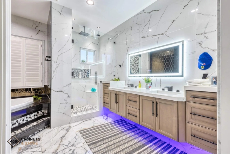 Luxury Double Bathroom Vanity with Purple LED Glow Accent