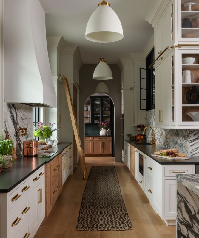 Luxury Galley Kitchen with Rolling Ladder and Marble Slab Backsplash