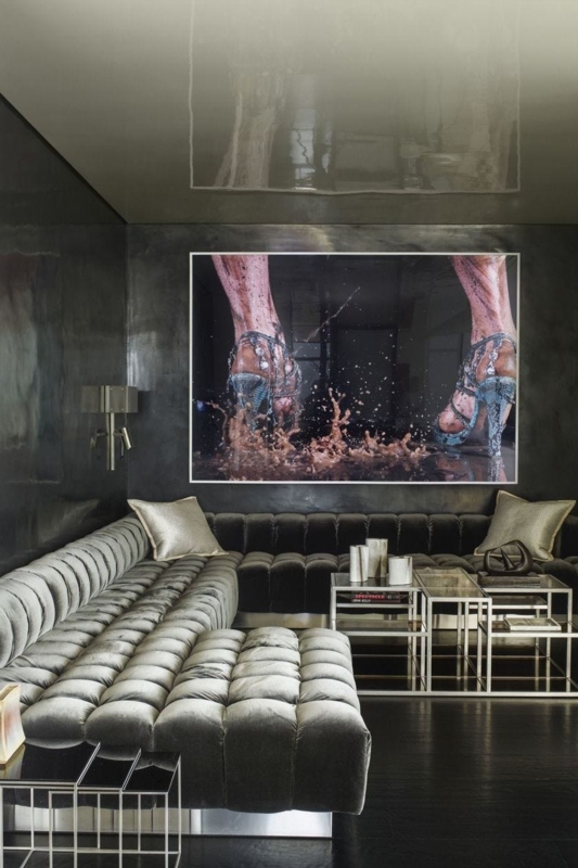 Luxury Grid Tufted Sectional Sofa under a Reflective Ceiling Design