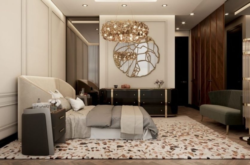 Luxury Guest Bedroom Design with Terrazzo Rug and Gold Mirror