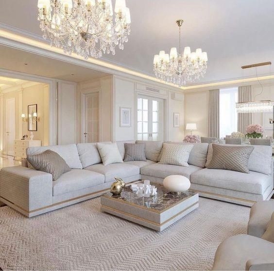 Luxury Hollywood Glam Living Room: Double Chandelier Layout