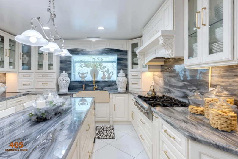 Luxury Kitchen featuring Charcoal Grey Marble and Ornate Range Hood