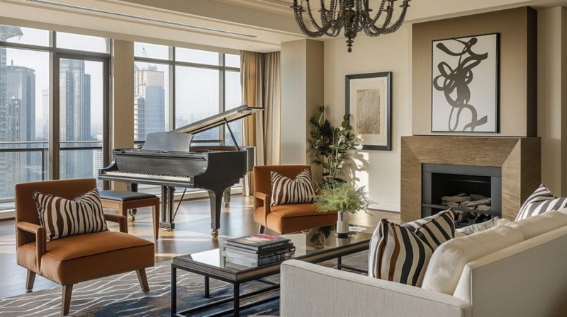 Luxury Living Room with Grand Piano, Fireplace, and City Skyline View
