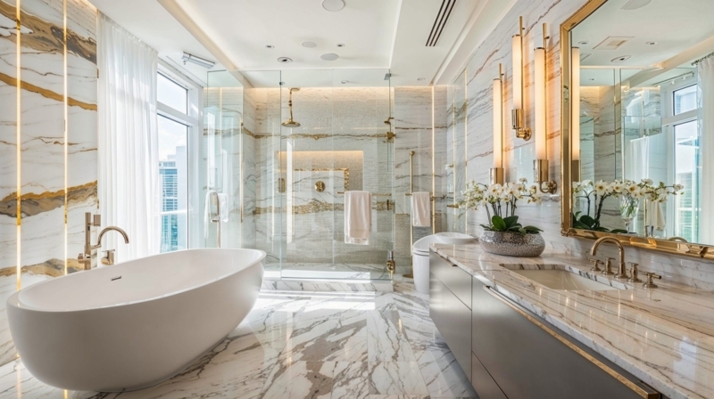 Luxury Marble Bathroom: Gold Veined Walls and Freestanding Tub