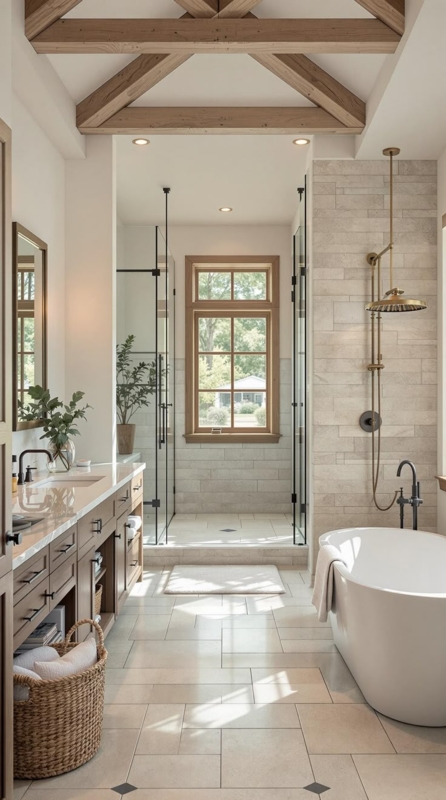 Luxury Master Bath featuring Exposed Ceiling Trusses and Glass Shower