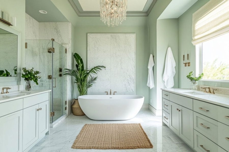 Luxury Master Bath: Soothing Sage Green Design, Freestanding Tub