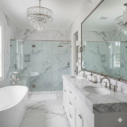 Luxury Master Bathroom with All-Over White Marble and Crystal Chandelier