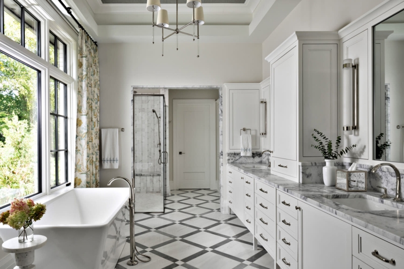 Luxury Master Bathroom with Diamond Pattern Floor Tile & Freestanding Tub
