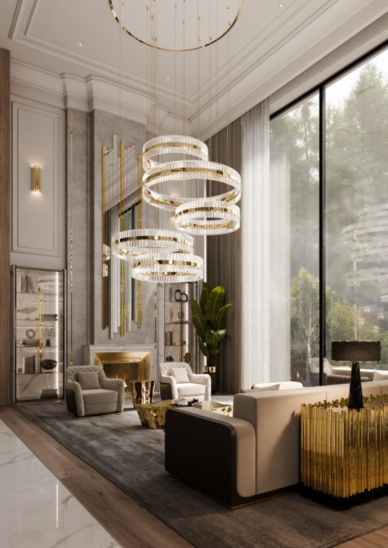 Luxury Multi-Tiered Gold Chandelier with Forest View