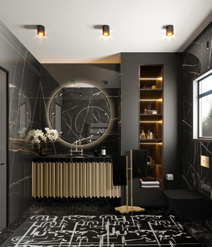 Luxury Ribbed Vanity with Backlit Mirror against Dark Marble Walls