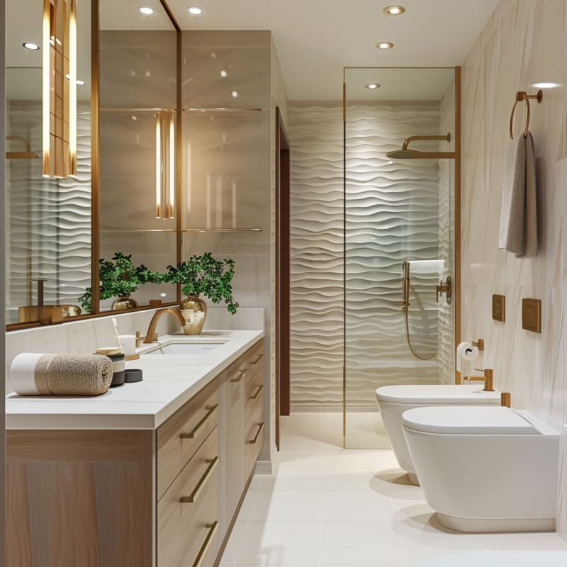 Luxury Small Bathroom with Wavy Textured Accent Wall and Gold Fixtures