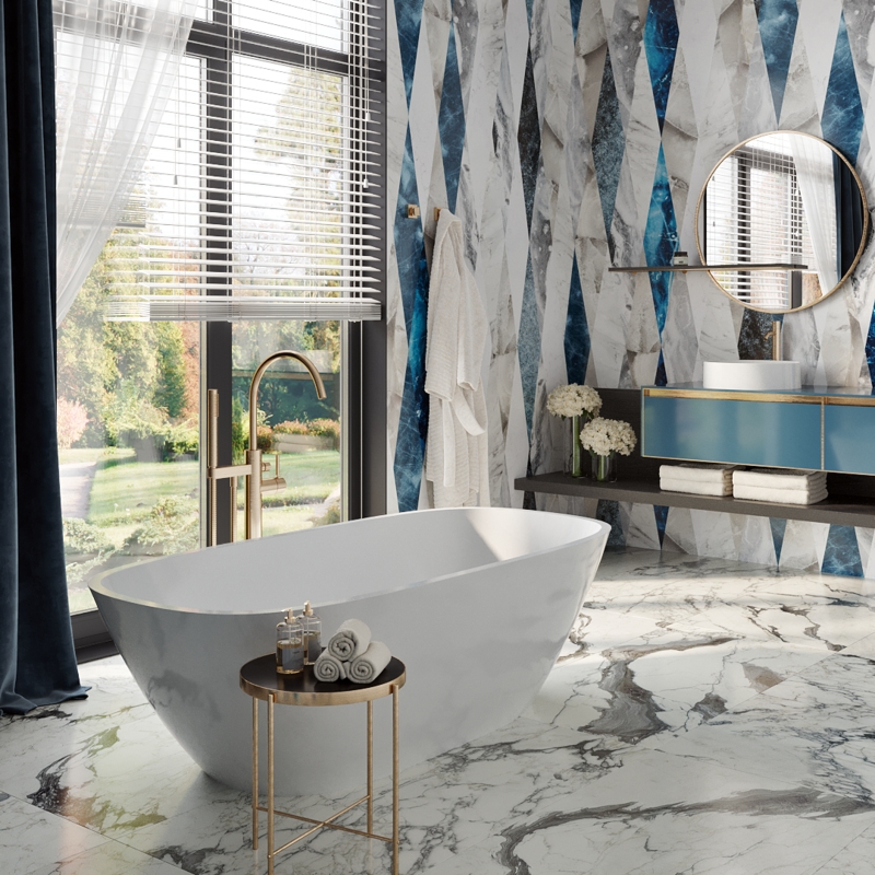 Luxury Soaking Bathtub with Grey Geometric Marble Accent Wall and Gold Faucet
