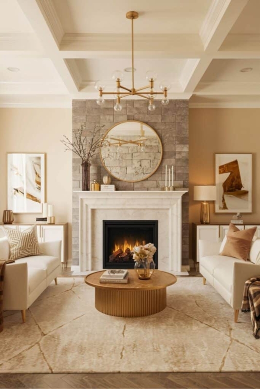 Luxury Transitional Living Room With Coffered Ceiling And Stone Wall