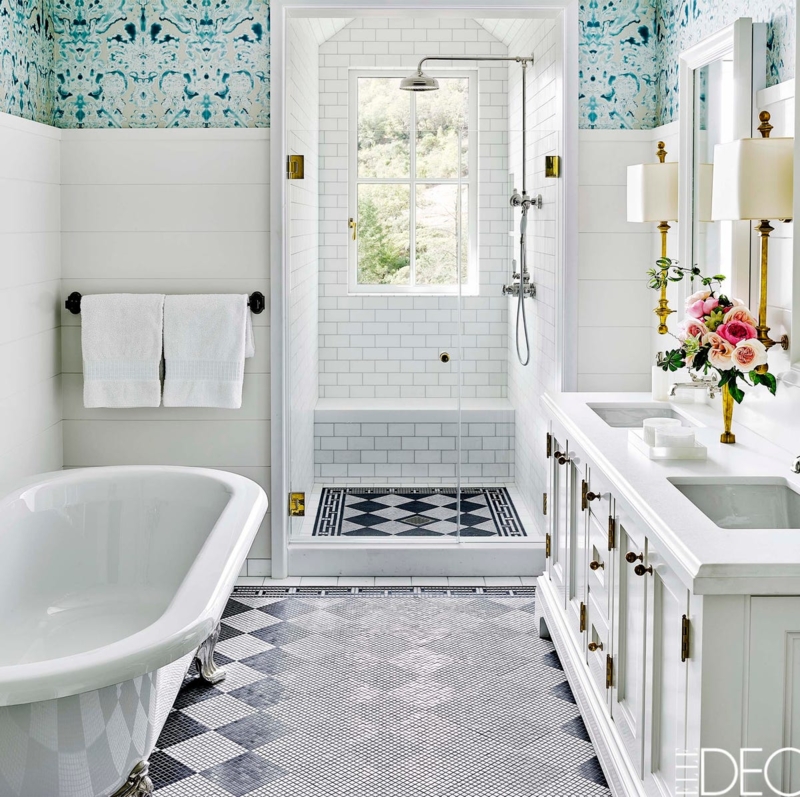 Luxury Walk-In Shower with Window & Teal Marbled Wallpaper Accent