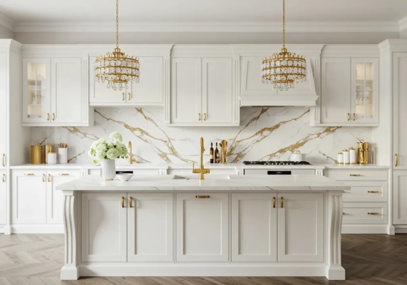 Luxury White and Gold Kitchen with Crystal Chandeliers and Marble Backsplash