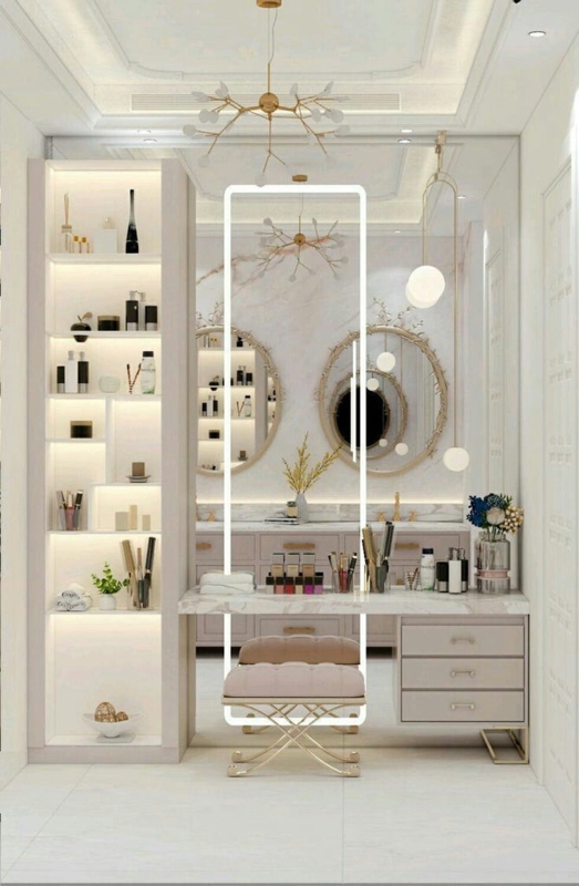 Makeup Vanity featuring Floating Marble Desk and LED Framed Mirror