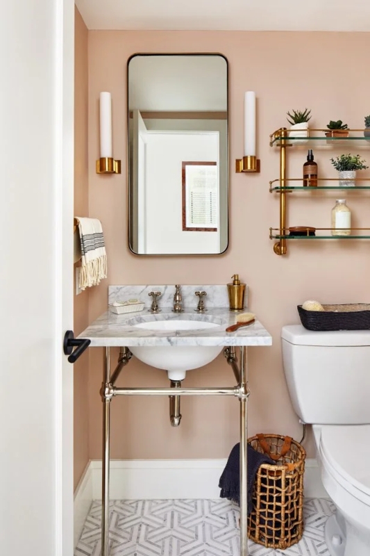 Marble Console Sink Vanity Design: Blush Pink Bathroom Wall Ideas