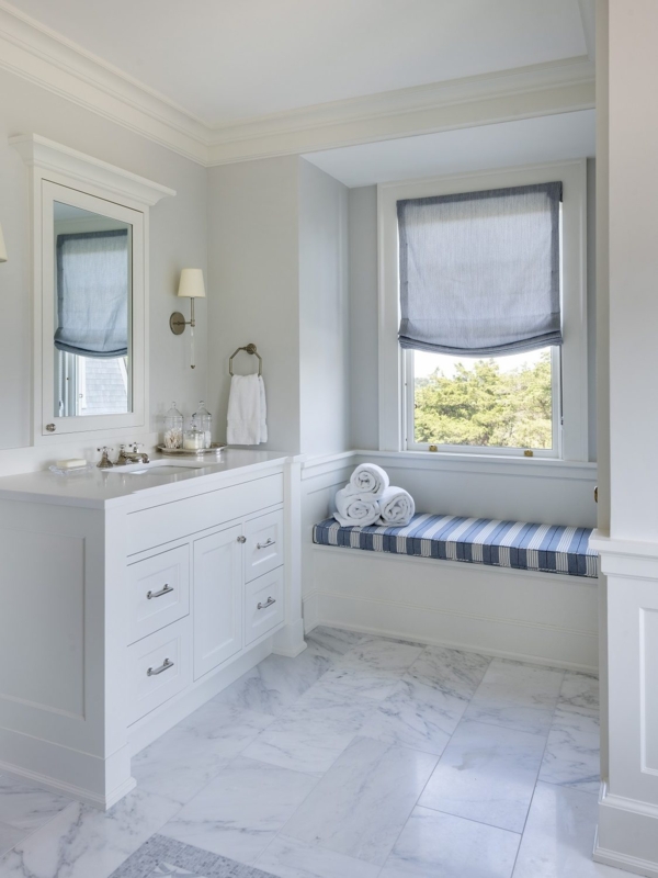 Marble Floor Tile Bathroom with Striped Window Seat