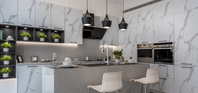 Marble Kitchen Cabinetry with Grey Waterfall Island Design