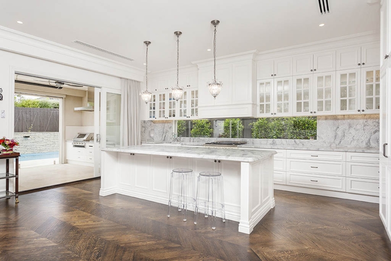 Marble Kitchen Island with Acrylic Counter Stools