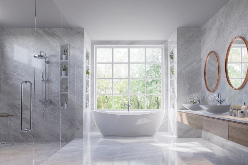 Marble Tile Bathroom Layout: Floating Wood Vanity