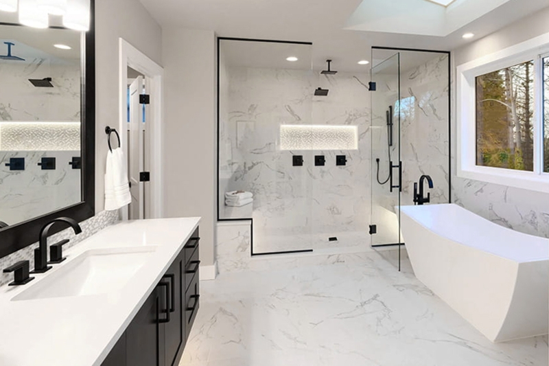 Master Bathroom Black Hardware Luxury Marble Veined Surfaces