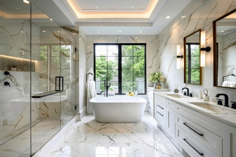 Master Bathroom Freestanding Tub Window Layout Full Height Marble