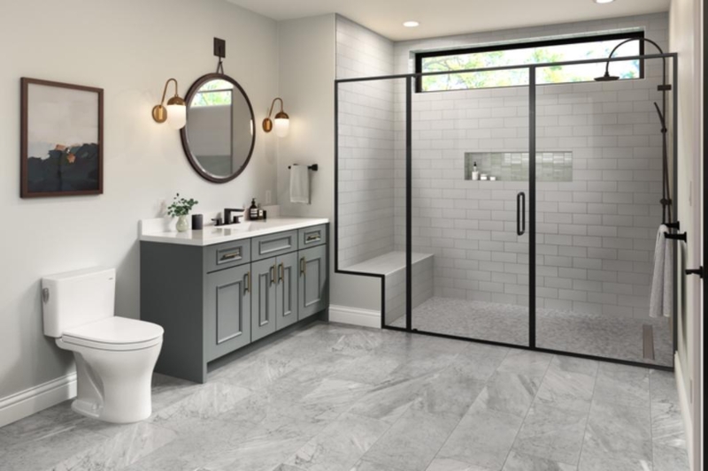 Master Bathroom: Gray Shaker Vanity And Large Format Stone Floor Tiles